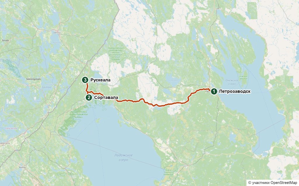 Схема маршрута на машине: Петрозаводск — Сортавала — Рускеала